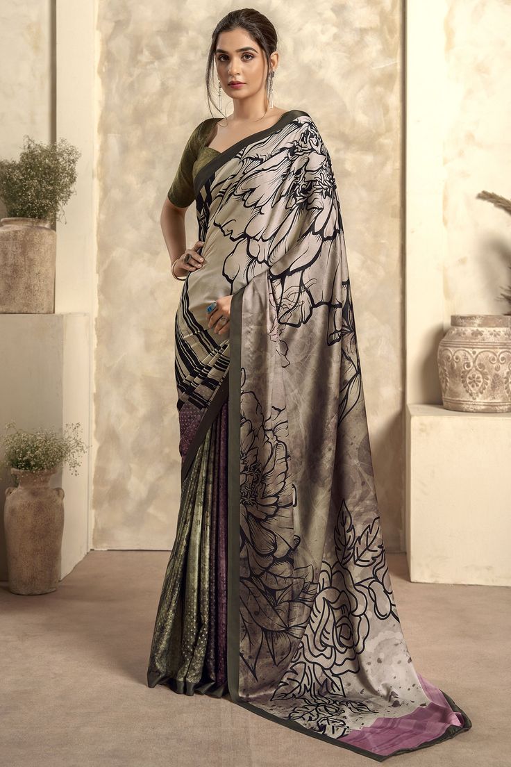 Dazzling Multi Color Satin Silk Printed Saree - Multi Color _ Satin Silk _ Printed Designer Floral & Abstract Printed Satin Silk Saree