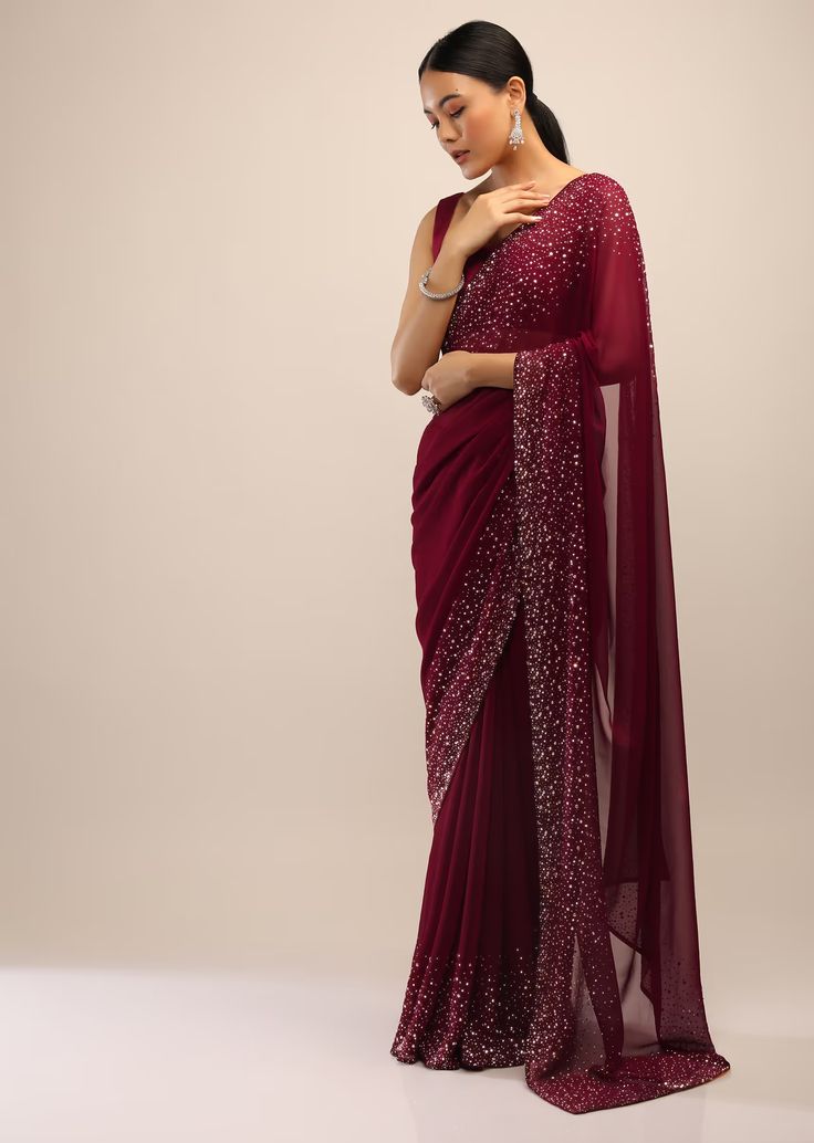 Shop Fancy Party wear Sarees online _ KALKI Fashion USA Maroon Georgette Heavy Sequins Embroidery Saree